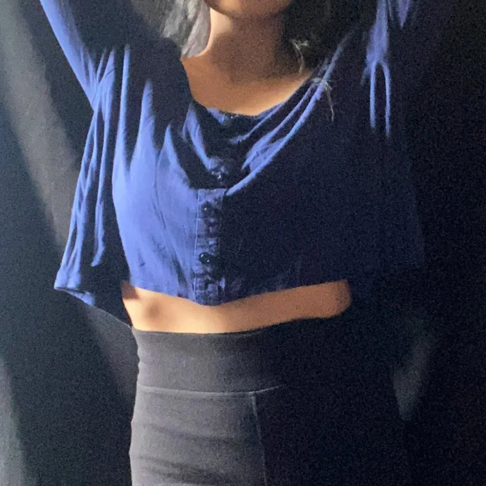 Anthropologie Navy Blue Button-Front Long-Sleeve Crop Top